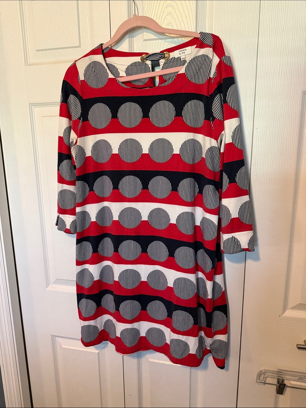 crown & ivy Red, Black & White Striped Dot Shift Dress